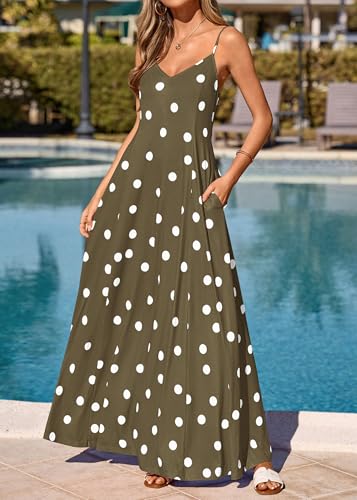 Image of KIRUNDO Womens Polka Dot Spaghetti Strap Flowy Maxi Dress | Sleeveless V Neck Boho Long Dresses, 2026 Summer Beach Vacation Cruise Outfits, A-Line Backless Sundress With Pockets