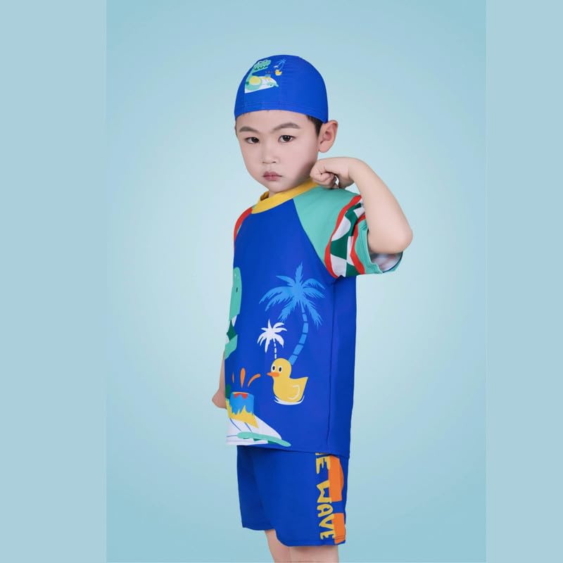JMT Wear Swimming Costume for Boys I T-Shirt Shorts and Cap Three-Piece Swimsuit (Wavy Blue, 6-7 Years) 1