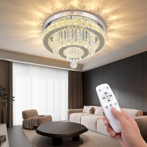 XEMQENER LED Dimmable Chandeliers Ceiling Light, Φ40cm Modern Flush Crystal Ceiling Light, Round Crystal Chandelier with Clear K9 Crystals & Remote for Bedroom Living Room Dining Room Hallway