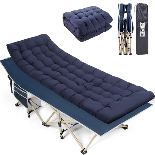 OVERMONT Cama Plegable Camping Plegable - Camas de Campamento Portátil con Almohadilla de Algodón para Adultos Dormir - con Bolsillo Lateral para Camping Playa Exterior Viajes - 120 kg 190x71CM