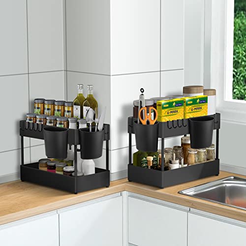 Blumway 2 Pack Under Sink Organizers And Storage, 2 Tier Bathroom Counter Organizer, Multi-Purpose Kitchen Under Cabinet Organizer With Hooks, For Bathroom/Kitchen Countertop #TOP3