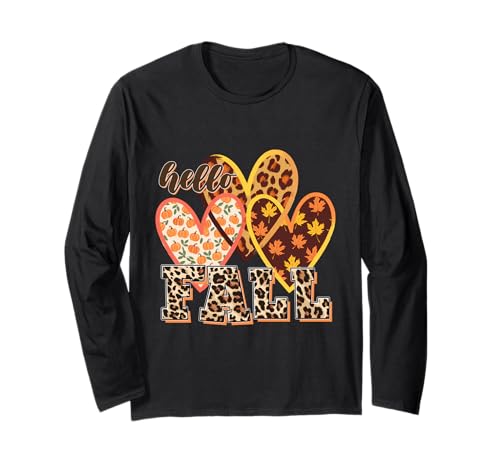 Hello Fall Chemise Léopard Cœurs Citrouille Feuilles Automne Manche Longue