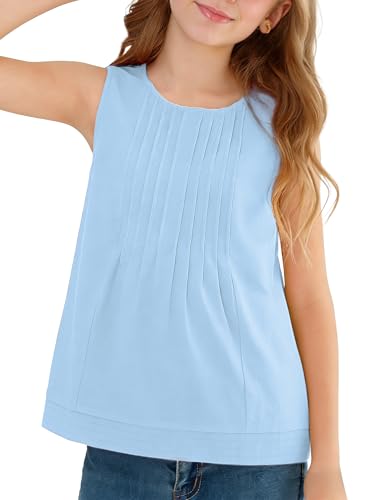 XMWEALTHY Girls Summer Tops Fashion Casual Sleeveless T Shirts for Girls Round Neck Pleated Blouse Tops 5-14 Years Kid Blue 9-10T