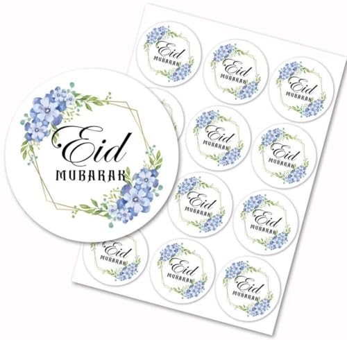 24 Eid Mubarak Stickers Blue White Floral Labels Tags 3cm Present Hamper Card Sweet Cone Stickers Hamper Eid Labels Decorations.