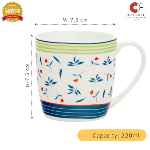 Image of Clay Craft Premium Ceramic Tea & Coffee Mugs Set of 6 - White Cups with Blue Floral Print & Yellow Striped Border | Elegant Designer Pattern | Ideal for Home, Office & Gifting