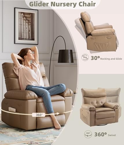 Image of GarveeHome Oversized Leather Recliner Chair, Swivel Rocker Manual Recliner for Adults, Lazy Rocking Chair with Comfort Arms and Back Single Sofa for Living Room