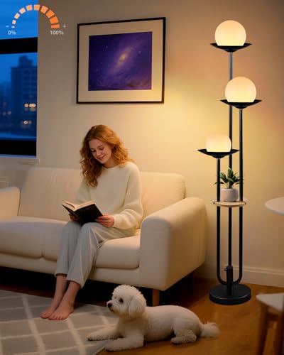 Image of Lightdot Globe Floor Lamp with Shelf 3-Lights Modern Dimmable Floor Lamps 3000K Warm White Bulbs Included Black Tall Standing Lamp with 5Lbs Heavy Base for Living Room /Bedroom /Sofa Beside /Corner Decor