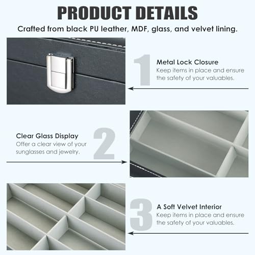 Image of MAOPINER 8 Slot Eyeglass Sunglass Storage Box, Sunglasses Organizer with Clear Glass Display, Black PU Leather Multi Eyeglasses Storage Box for Women Men