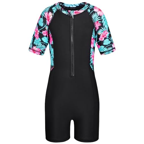 HOZIY Girls Rash Guard Swimsuit One Piece Short Sleeve Front Zipper Swimwear UPF 50+ Bathing Suits 4-14Y 11-12 Years Black Flower