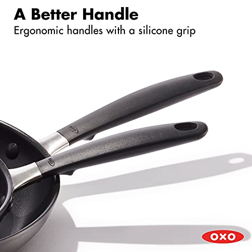 OXO Good Grips 8" and 10" Frying Pan Skillet Set, 3-Layered German Engineered Nonstick Coating, Stainless Steel Handle with Nonslip Silicone, Black - Image 7