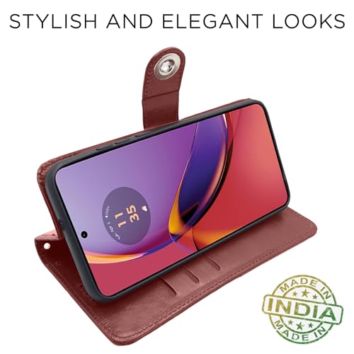 Image of Pikkme Motorola G84 5G Flip Cover Leather Finish | Wallet Stand and Shock Proof | Inside TPU with Card Pockets | Complete Protection Button Flip Case (Brown)