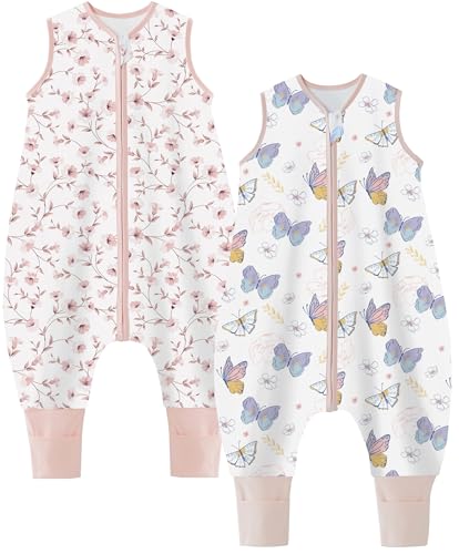 Teechodina Baby Schlafsack mit Füßen 2er Pack 100% Baumwolle 1.5 Tog Kinder Ganzjahres Schlafsack mit Beinen für Jungen Mädchen 1.5 Tog/Kirschblüte + Schmetterling 80cm/Baby Höhe 90-100cm