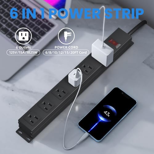 Image of Power Strip with 6AC Outlets Wide Spaced and 14AWG Power Cord,Wall Mount Outlet Power Strip Heavy Duty for Commercial, Industrial, School and Home with Switch,15A 125V 1875W,Black (12FT)