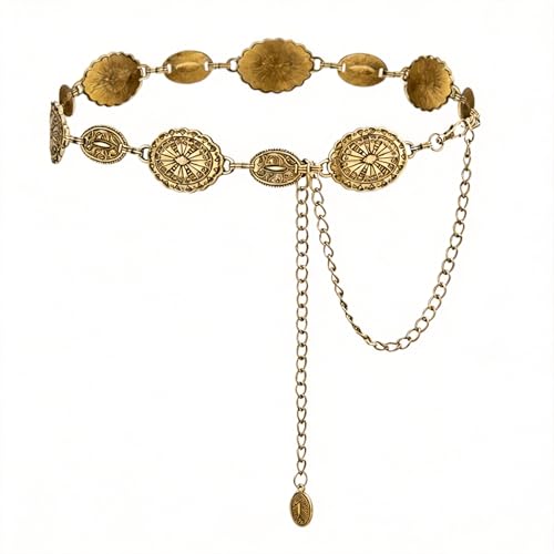 Image of SANNIDHI Waist Chain for Women for Saree Gold Metal Concho Waist Belt Stylish Boho Western Hip Belt Fashion Adjustable Cowgirl Jewellery Chain Belts for Dresses, Jeans, Skirts, Beach Outfits
