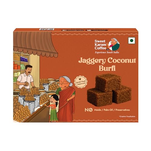 Image of Sweet Karam Coffee Jaggery Coconut Burfi Squares - 150grams | No Refined Sugar or Preservatives | Traditional South Indian Mithai | Made with Natural Jaggery & Coconut | Healthy & Homemade Treat
