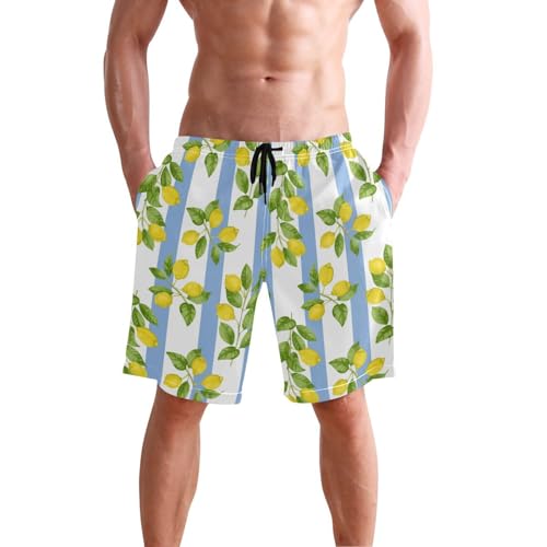 Eionryn Men's Swim Trunks Lemon Leave Blue Striped Beach Shorts Quick Dry Swim Board Shorts Bathing Suits S2