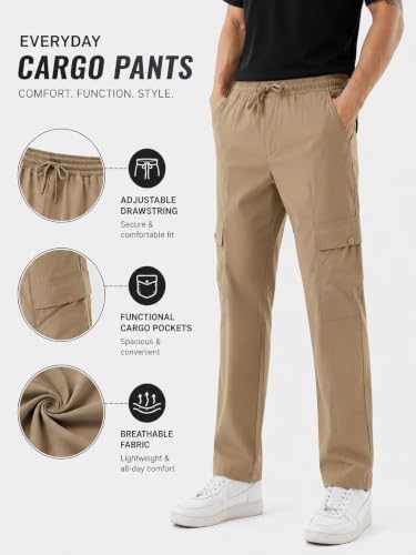 Image of Men's Cotton Cargo Pants | Straight Fit Casual Trousers for Men with Pockets | Lightweight & Breathable Pants with Elastic Waistband & Drawstring | Comfortable Lower for Mens