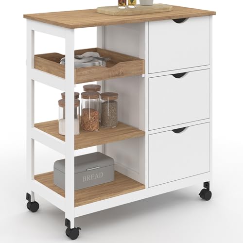 IDMarket - Desserte de cuisine MUNA 3 paniers + 1 plateau amovible blanc et effet hêtre L.76 cm