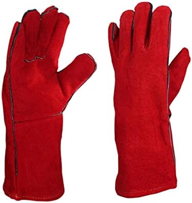 DSYJ Welding Gloves Long Leather Gaunlets Heat Resistant Lined Extreme Heat Resistant Gloves, Ideal Welding gloves for TIG and MIG , Perfect BBQ gloves for cooking in Grill and Oven Red