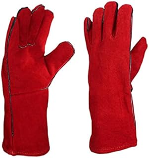 DSYJ Welding Gloves Long Leather Gaunlets Heat Resistant Lined Extreme Heat Resistant Gloves, Ideal Welding gloves for TIG and MIG , Perfect BBQ gloves for cooking in Grill and Oven Red