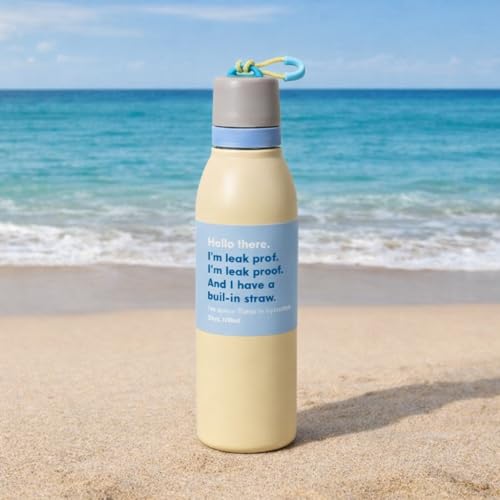 Image of Water Bottle for Office Use - Leak Proof Stainless Steel Bottle with Built-In Straw, 24oz, BPA Free, Easy Carry Loop, Durable for Daily Hydration (Light Yellow, 720 ML)