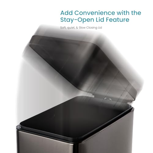 Image of Home Zone Living 12 Gallon Slim Kitchen Trash Can with Soft Close Lid, Step Pedal, Bag Tuck Band, and Removable Liner, Stainless Steel, Black, 45 Liters