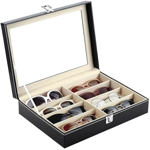 Siveit 8 Slot Sunglass Organizer Leather Eyeglasses Collector Eyewear Display Case Storage Box, Black Cover
