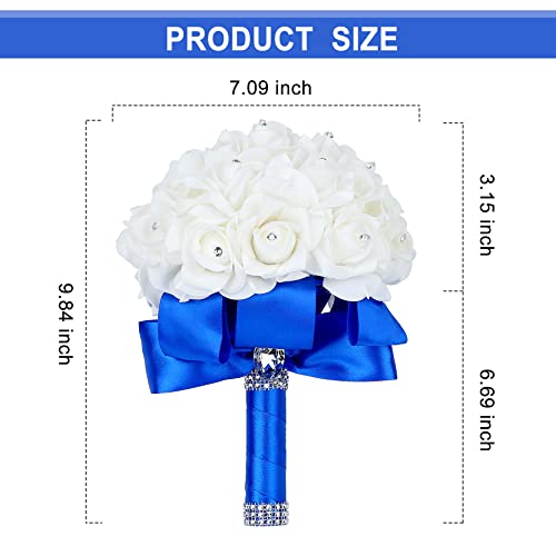 Febou Wedding Bouquet, Handmade Blue Bridesmaid Bouquet Bridal Bouquet With Crystals Soft Ribbons, Artificial Rose Flowers For Wedding, Party And Church (Royal Blue) #TOP4