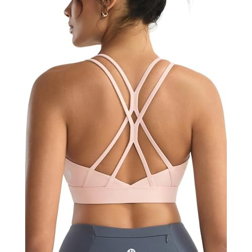 RUNNING GIRL Sports Bras for Women,Strappy Crisscross Back Padded Low Impact Running Sports Bra with Removable Cups A-baby Pink Small