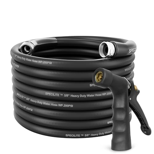 Specilite Garden Hose 75Ft X 5/8 Inch With Industrial High Pressure Nozzle, Heavy Duty Hot/Cold Water Hose,Flexible Hybrid Rubber Hose Tough For Industry Leak-Proof&No-Kink,3/4"Stainless Steel Fittings cover