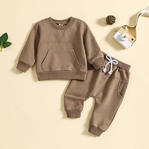 Toddler Baby Boys Fall Outfits Long Sleeve Sweatshirt Elastic Waist Pants 2Pcs Infant Newborn Solid Clothes Set2