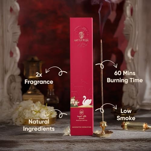 Image of Jasmine (Mogra) Handcrafted Incense-30 Premium Agarbatti Stick | 1 Hr Burning Time, 2+ Hr Retention | Long Lasting Floral Aroma, Low Smoke | Free Agarbatti Stand | Incense Sticks for Home