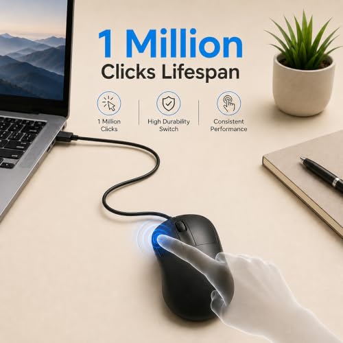 Image of Ant Globe 18 Wired Optical Mouse, USB Type C Computer Mouse with Adjustable 1600 DPI Sensor, Ergonomic Lightweight Corded Office Mouse with 1.2m Cable for Laptop, PC, Desktop,Windows,Mac &Linux, Black