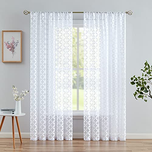 White Floral Lace Sheer Window Curtain Panels 63 Inches Geometric Voile Sheer Drapes For Living Room Bedroom, Botanical Window Treatment Sets For Yard, Patio, Villa, 2 Panels, Rod Pocket 52"X63"X2 #TOP1
