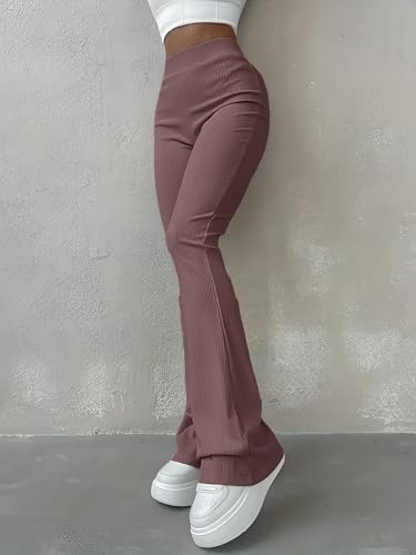 Image of Jawdrobe Women's High Waist Ribbed Flared Pants Stretchable Slim Fit Bootcut Trousers Soft Knit Casual Wear for Daily Office Travel (for Ideal Height 5.3)