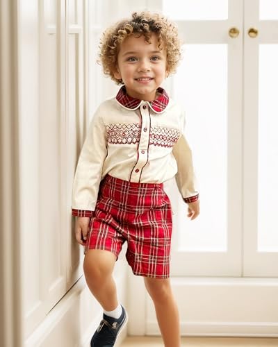 Twoflower Boys' Clothing Sets, Toddler Kids Christmas Smocked Outfit, Baby Vintage Fall 2 Piece sets for 12 Months - 7 Years3