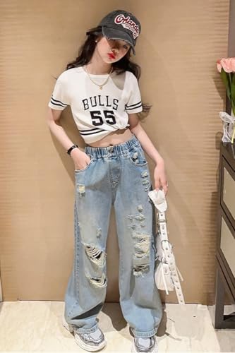 NABER Kids Girls Elastic Waist Cool Ripped Jeans Washed Denim Wide Leg Ripped Denim Jean Age 5-15 Years3