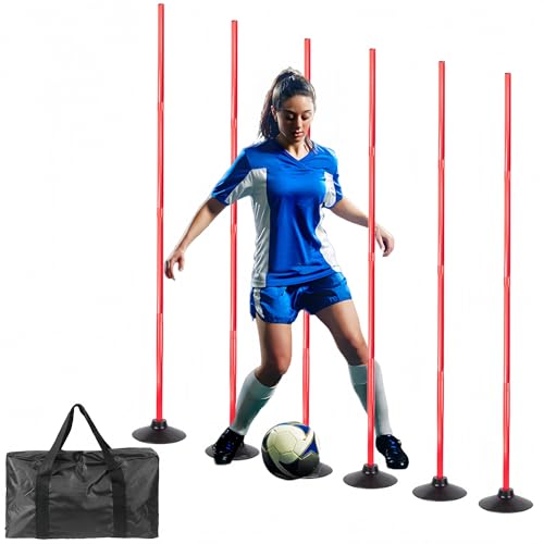 Nbguigdstr 6 Pcs 5 FT Adjustable Agility Training Poles for Soccer,Basketball,Football, Horse,Dog-Speed and Agility Training Equipment Sports Training Poles with Rubber Bases and Bag(Red)
