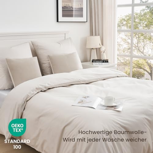Duvetnova Bettwäsche 135x200 Baumwolle 4teilig,Bettwäsche Beige Bettbezüge 135 x 200 Baumwolle 2er Set + 2 Kissenbezüge 80x80 cm, ÖKO-TEX Bettwäsche-Sets Leinenfarbe 100% Baumwolle mit Reißverschluss