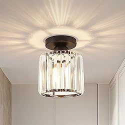 Lampara Araña Baño Lámpara de Techo de Cristal Negro, Mini Lámpara de Techo de Cristal de Montaje Empotrado Lámpara de Araña de Cristal LED Regulable para Dormitorio Cocina Comedor Baño Pasillo Balcón Porche, 5.12x6.69´´