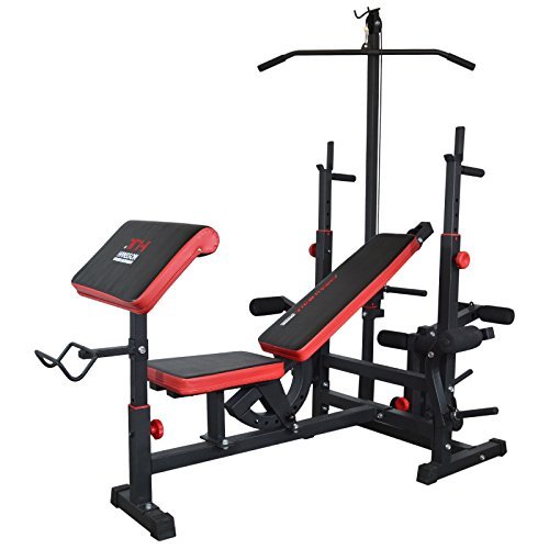Train Hard Multifunktion Hantelbank Kraftstation inkl. Latzug, Bauchtrainer, Armcurl und Beincurl mit Hantelset aus Langhantel, Curlhantel und Stange Gewichten 50kg bis 160kg