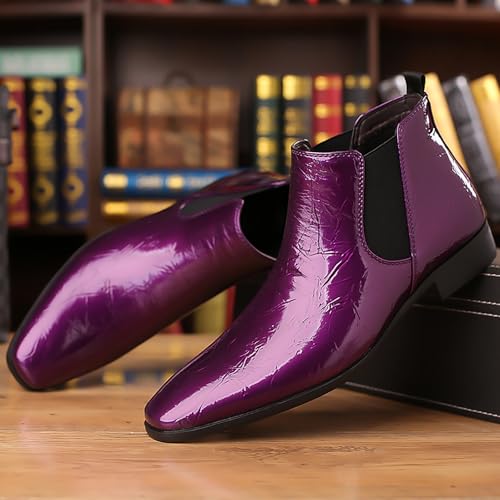Image of Men's Patent Leather Low Chunky Heel Chelsea Boots Fashion High Gloss Slip-on Business Dress Oxford Boots for Wedding Prom Party Business Work