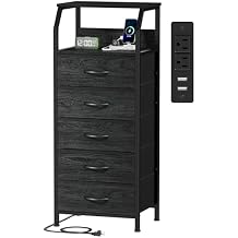 Furnulem 5 Drawers Dresser with Charging Station, Fabric Chest of Drawers with Open Shelf, Tall Night Stand, Bedside Table for Closet, Entryway, Bedroom Furniture, 3 Ways to Use, Black Oak