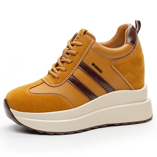 Image of Platform Sneakers for Women High Hidden Heel Wedge Sneakers Fashion Leather Chunky Lace up Wedge Tennis Shoes Increasing 3.94 inch
