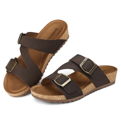 Image of SHIBEVER Comfortable Slides Sandals for Women: Wedge Adjustable Buckle Slip on Slide - Arch Support Open Toe Woman Sandal