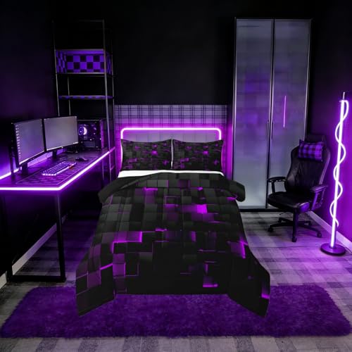 Image of Erosebridal Black Purple Comforter Set Queen Neon Geometric Checkered Bedding Set for Girls Teen Women,Tereoscopic Grids Comforter Square Plaid Quilt Duvet Room Decor 3 Pcs