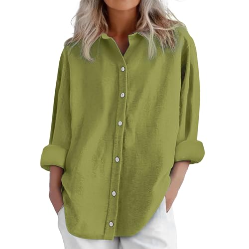 YIzdegg Blusa de muselina para mujer, elegante, blusa de lino monocolor, blusa larga de verano, camisa con botones, ligera y aireada, blusa de lino suave y respetuosa con la piel, blusas para ropa de