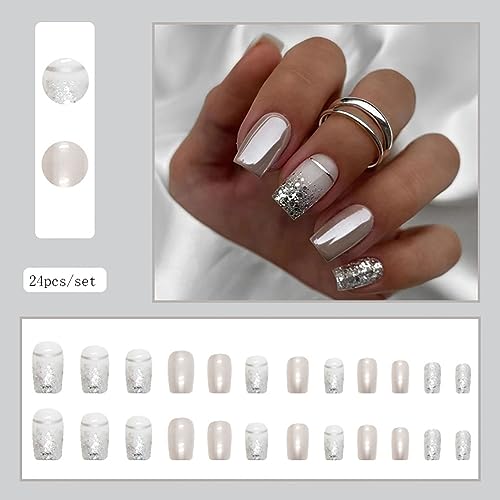 Clataly 24 Pcs Square Nail Silver Glitter Powder Fake Nails Press on False Nails Daily Wear Artificial Nails for Women and Girls - Image 2