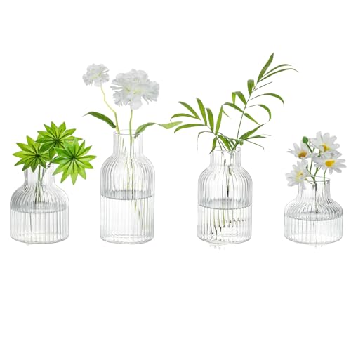 Glasseam Glass Bud Vases for Centerpieces: Modern Small Flower Vase Set of 4 for Home Decor - Clear Mini Table Centerpieces for Minimalist Living Room Shelf Kitchen Wedding Party Decorations