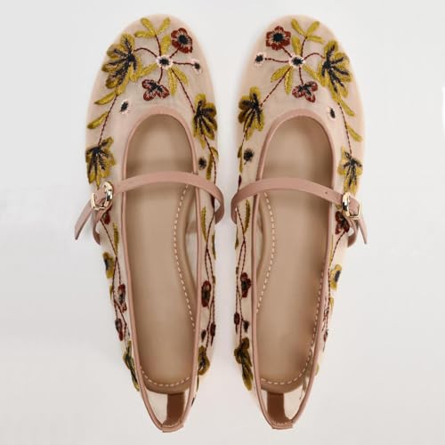 Image of Mesh Ballet Flats for Women Embroidered Floral Mary Jane Flats Round Toe Slip On Ballerina Shoes Comfortable Casual Daily Dress Flat Shoes
